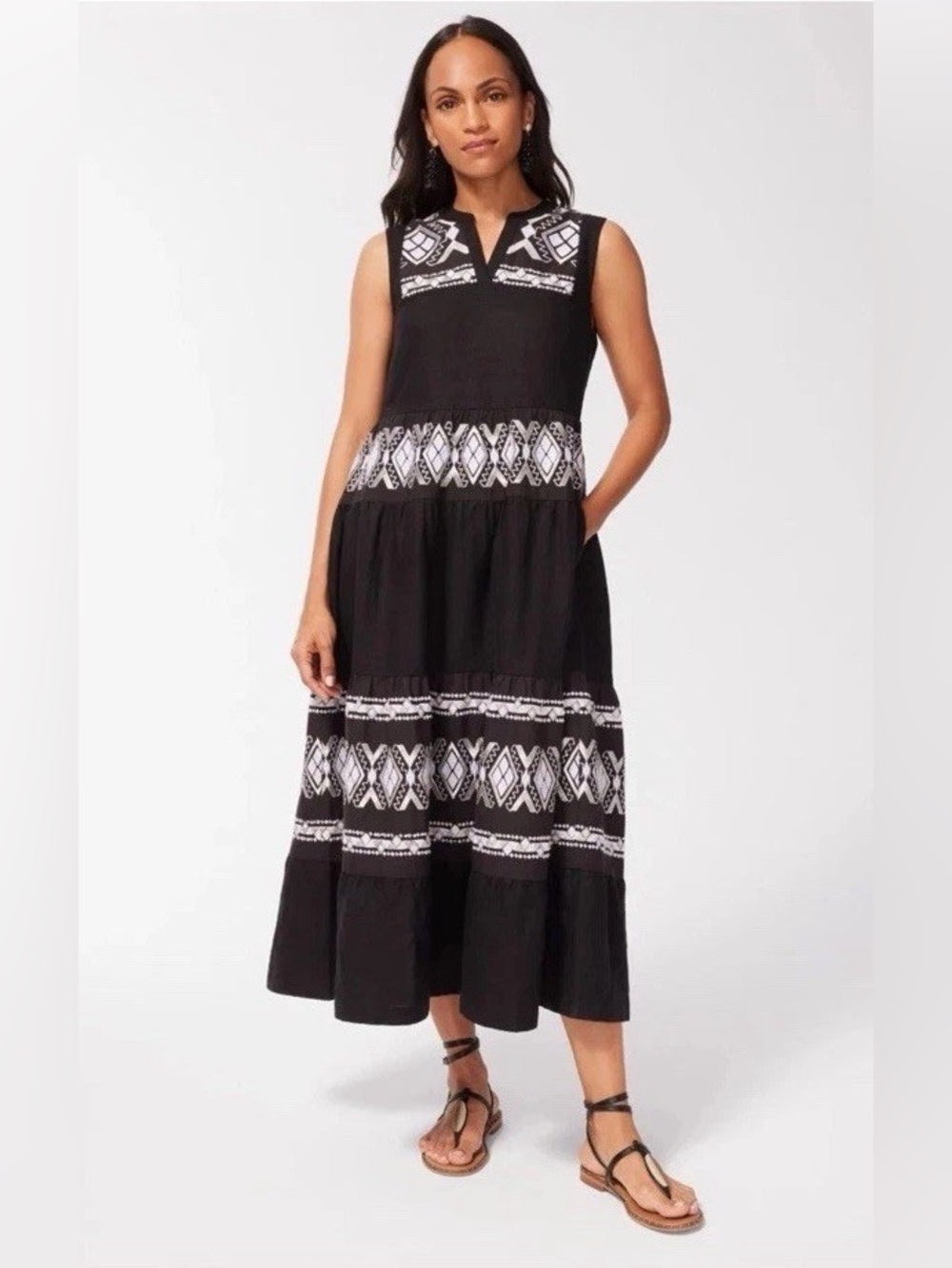 Chico’s Tiered Embroidered Maxi Dress Linen Sleeveless Boho Women’s 16